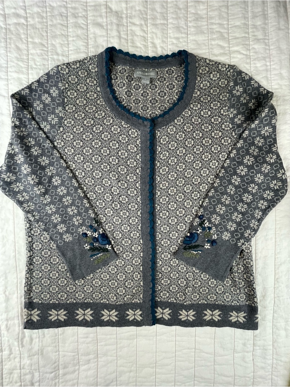April Cornell Cotton Nordic Folk Floral Embroidered Cardigan Roomy Fit Sweater L